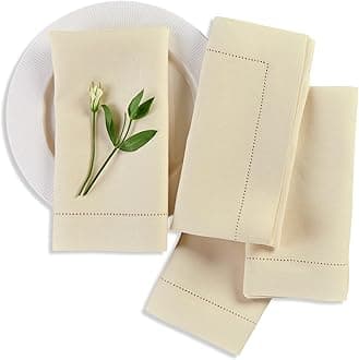 Solino Home Linen Cloth Napkins Set of 4-100% Pure Linen Creamy Ivory Dinner Napkins 20 x 20 Inch for Summer - Medium Weight Hemstitch, Handcrafted and Machine Washable