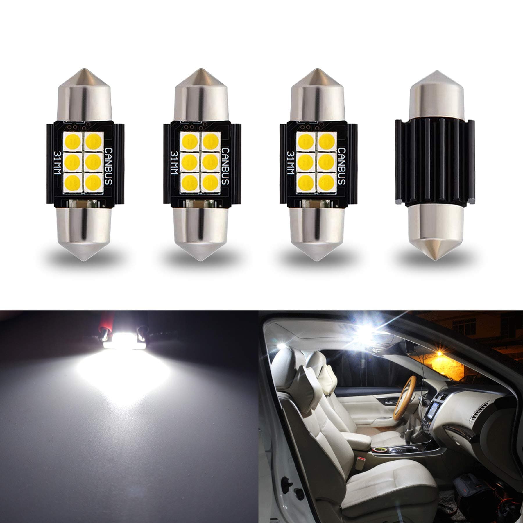 iBrightstar 9-30V Extremely Bright DE3175 DE3021 Festoon LED Bulbs Error Free 1.25" 31mm for Interior Map Dome Lights and License Plate Courtesy Lights, Xenon White