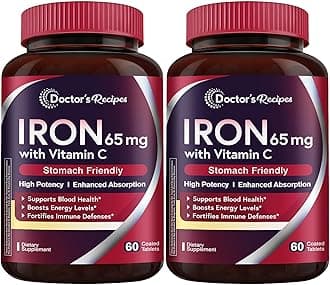 Doctor's Recipes Iron Supplement 65 mg with Vitamin C - Maximized Absorption & Stomach Friendly Iron Pills for Red Blood Cells Formation, Heart, Brain & Immunity Health - Vegan 120 Iron Tabs (2 Pack)