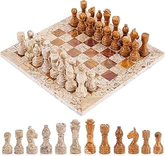 RADICALn Handmade Fossil Coral and Dark Brown Marble Full Chess Game Original Marble Chess Set