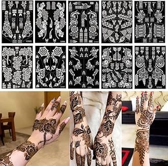 10 Sheets Henna Tattoo Stencils 10 Pair Arm Hand Tattoo Template Temporary Indian Arabian Glitter Airbrush Tattoo Stickers for Face Body Paint DIY (Black)