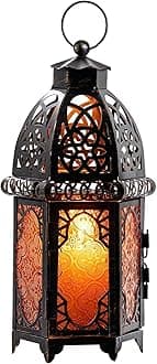 DECORKEY Vintage Large Decorative Candle Lantern, H:12.8 Inch Moroccan Style Christmas Hanging Decor, Metal Tabletop Candle Holder for Outdoor Patio (Amber)