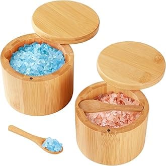 Timtopno Bamboo Salt Cellar, 2 Pcs Container With Built-In Spoon, Box Bowl Magnetic Swivel Lid, Elegant Kitchen Holder Saver Jar To Storage Pepper Spice Sea For Countertop
