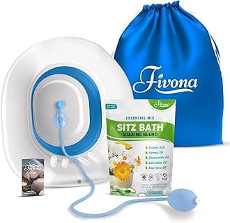 Fivona 4-in-1 Sitz Bath Soak Kit for Hemorrhoids and Postpartum Care 1 Pack of Blend Made of Epsom Salt and Essential Oils Toilet Expandable Seat Storage Bag and Hand Pump for at Home Perineal Soaking