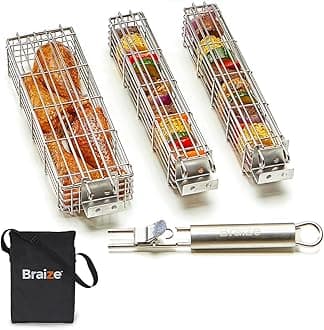 Kabob Grilling Baskets Set of 3 12" x 2" x 2" – Stainless Steel BBQ Grill Basket with Removable Handle & Latching Lid – Vegetable and Meat Grill Basket for Outdoor Grill and Campfire Cooking