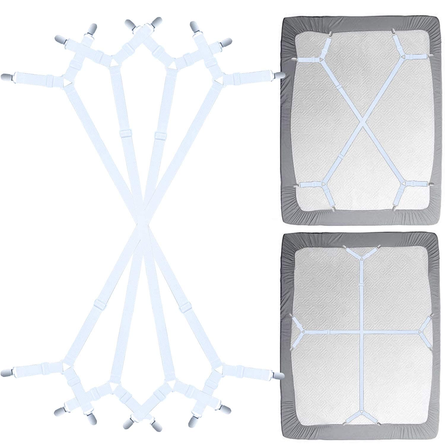 Bed Sheet Fasteners Straps - 2 Way Adjustable Crisscross Sheet Corner Holder Straps Clips Gripper Elastic Sheet Band Suspenders Fasteners(2 Set/4Pcs, White)