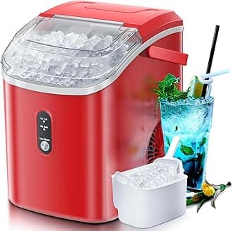 Nugget Countertop Crushed Ice Maker with Soft Chewable Ice, Automatic 34lbs in 24 Hours, Pebble Portable Ice Machine with Ice Scoop, Self-Cleaning, One-Click Operation, for Kitchen, Office Red