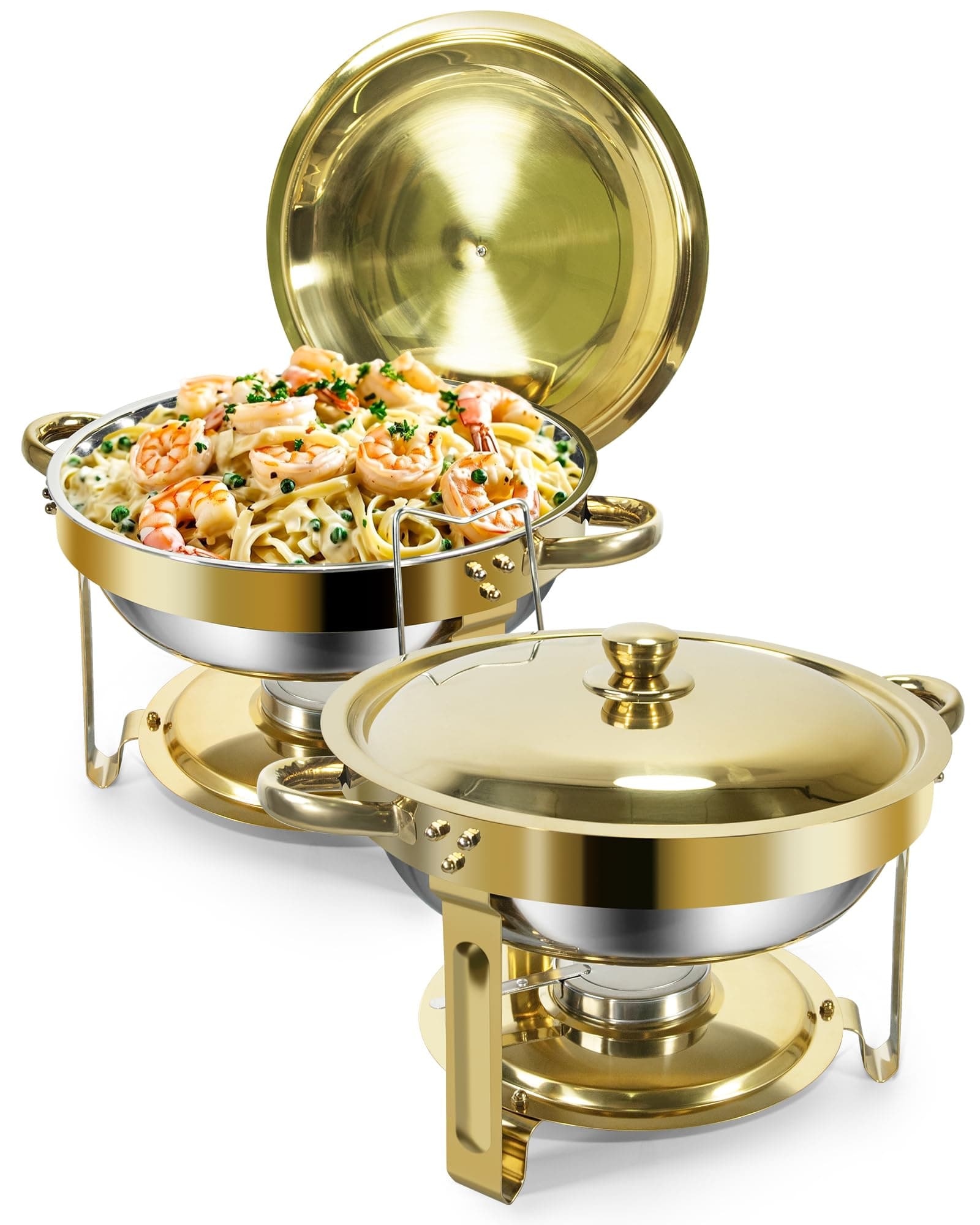 Gold Chafing Dish Buffet Set 5L [Robust and Easy Assembly],2 Pack Round Chafing Dishes,Stainless Steel Warming Containers[Elegant Gold and Silver],Food Warmer for Catering Buffet and Any Party