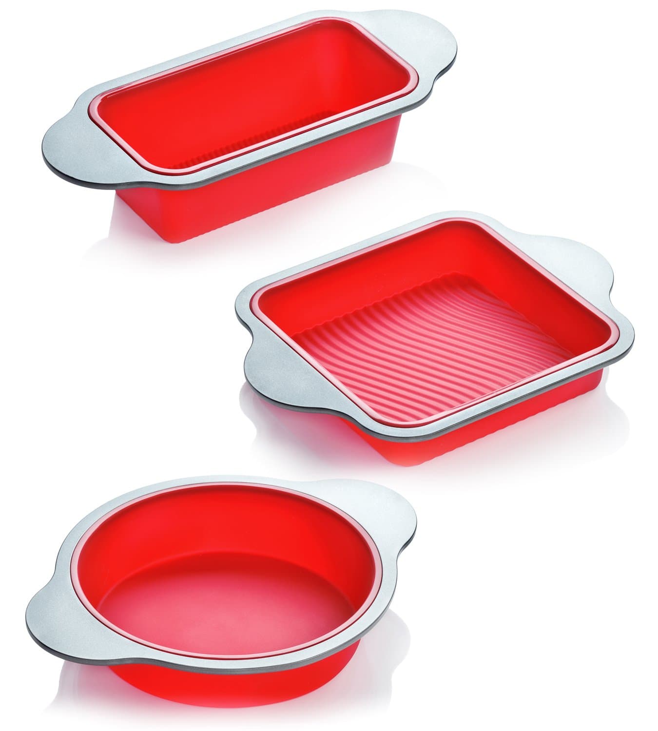 Boxiki Kitchen Silicone Baking Pans Set. 3 PCS Professional Non-Stick Baking Cake Pans Set includes Silicone Round Cake Pan, Square Cake Pan and Bread Loaf Pan.