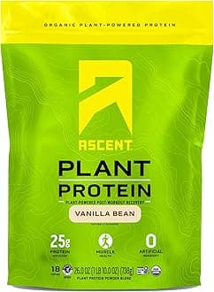 Ascent Organic Plant Based Protein Powder - Non Dairy Vegan Protein, Zero Artificial Ingredients, Soy & Gluten Free, No Added Sugar, 4g BCAA, 2g Leucine - Vanilla, 20 Servings