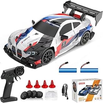 KAIMIO 1:24 Scale RC Drift Car 4WD 2.4GHz 30KM/H High Speed Racing Sport Toy Car with LED Lights, Racing and Drift Wheels (8607-White)