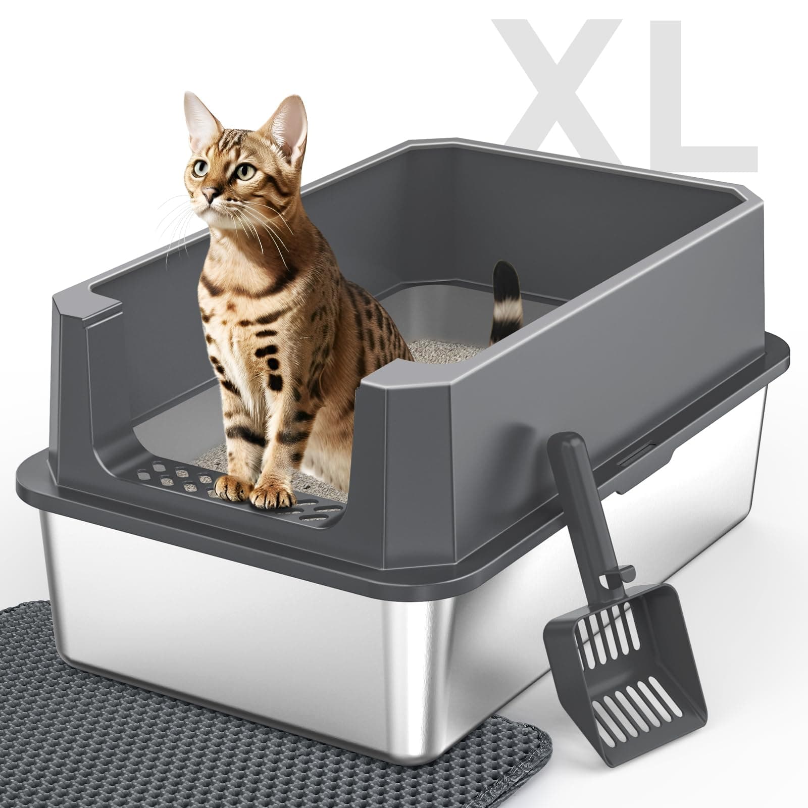 Stainless Steel Litter Box, Extra Large Litter Boxes for Big Cats, XLarge Metal Cat Litter Box with Lid, Anti-Urine Leakage XL Box with High Sides, Easy Clean, Non-Sticky, Scoop Included