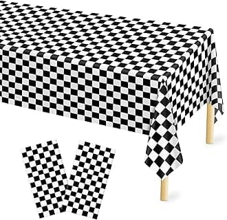Mulbozy 2 Pcs Checkered Tablecloth Plastic for Birthday Decor, 54 × 108 inches Disposable Black and White Checkered Table Covers for Baby Shower, Race Car Birthday Party Decorations