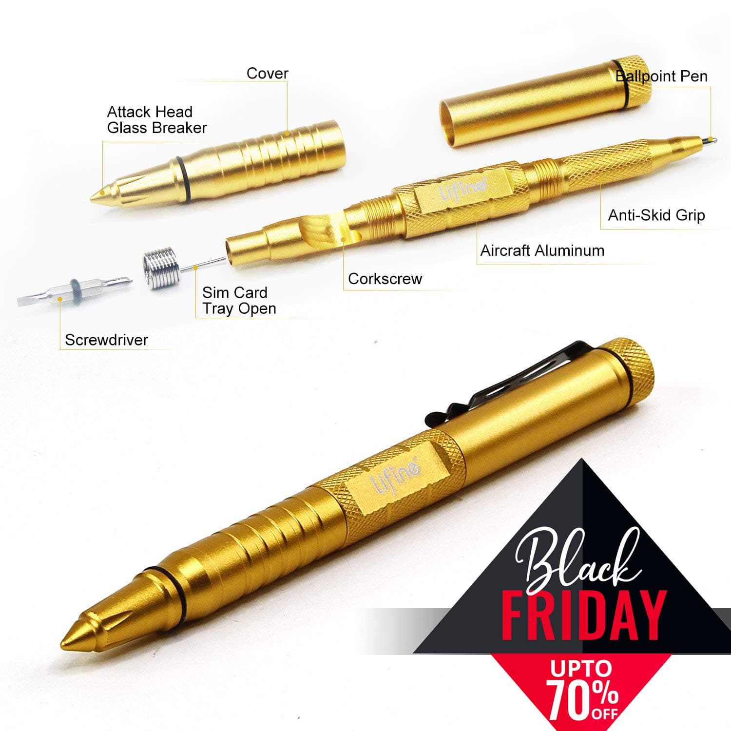 Tactical Pen 5-in-1 Self Defense Multitool Pen for Personal Protection with Ballpoint Pen, Both End Screwdrivers, Glass Breaker, Bottle Opener, SIM Card Needle (Gold) …