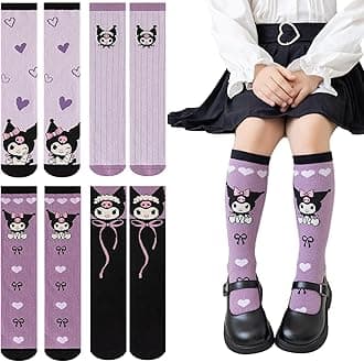 4 Pairs Knee High Socks for Girls, Cute Cartoon Stockings Kawaii Cotton Long Socks Outdoor Anime Stocks Thicken Over Knee Stockings for Women