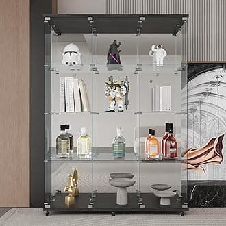 LFT HUIMEI2Y Glass Display Cabinet 12 Shelves with 3 Columns 2 Doors, Mirror Back Panel and Lock, Curio Cabinets Quick-Install Style Tempered Glass Bookshelf for Living Room, Kitchen Black