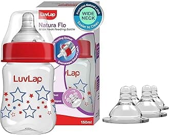 Luvlap Anti-Colic Natura Flo Teat/Nipple for Wide Neck Bottle, 4pcs, Fast Flow, 6m+ & Luvlap Anti-Colic Wide Neck Natura Flo Baby Feeding Bottle, 150ml