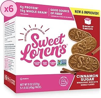 Sweet Loren's Vegan Breakfast Biscuits | Cinnamon Sugar | 4g Protein, 19g Whole Grains | Plant Based, Gluten Free, Dairy Free, Nut Free Snacks | 6 Pack (30 Total Biscuits, 1.6 ounce each)
