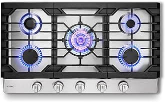 FOTILE GLS36502 36” Stainless Steel 5-Burner Gas Cooktop, Tri-Ring 22,000 BTUs Center Burner with Flame Failure Protection Removable Grates and Installation/LP Kit