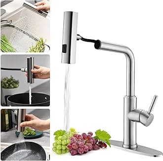 WEWE Waterfall Kitchen Faucet with Pull Down Sprayer, 3 Modes(Sweep/Stream/Waterfall) Rotary Switch Mode Stainless Steel Kitchen Sink Faucet Single Lever Handle Brushed Nickel Sink Fuacet