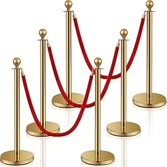 Stainless Steel Stanchion Post Queue 5 ft Red Velvet Rope Red Carpet Ropes and Poles Crowd Control Barriers Sand Injection Hollow Base and Velvet Ropes Set for Party Supplies (6 Pieces, Gold)
