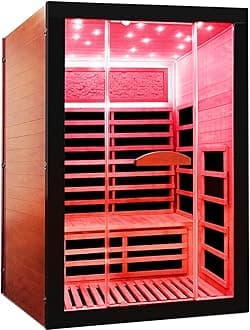2 Person Far Infrared Home Sauna Low EMF 2000W 110V Wooden Indoor Dry Sauna with Red Light Therapy Bluetooth Speakers 47.24"x41.34"x74.8"