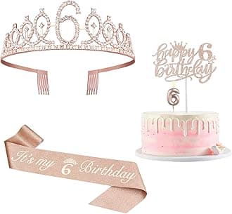 6th Birthday Decorations for Girl Including Sash, Crown, Numeral Candle and Cake Topper, 6 Year Old Birthday Decorations Rose Gold Party Favor Supplies