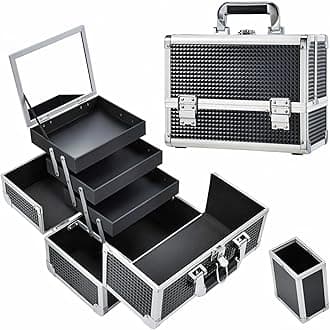 Joligrace Makeup Train Case Makeup Case 3-Tray Cosmetic Box with Mirror, Shine Black, 11.8-in Large Makeup Box with Detachable Brush Holder, Lockable Portable Makeup Travel Organizer Case