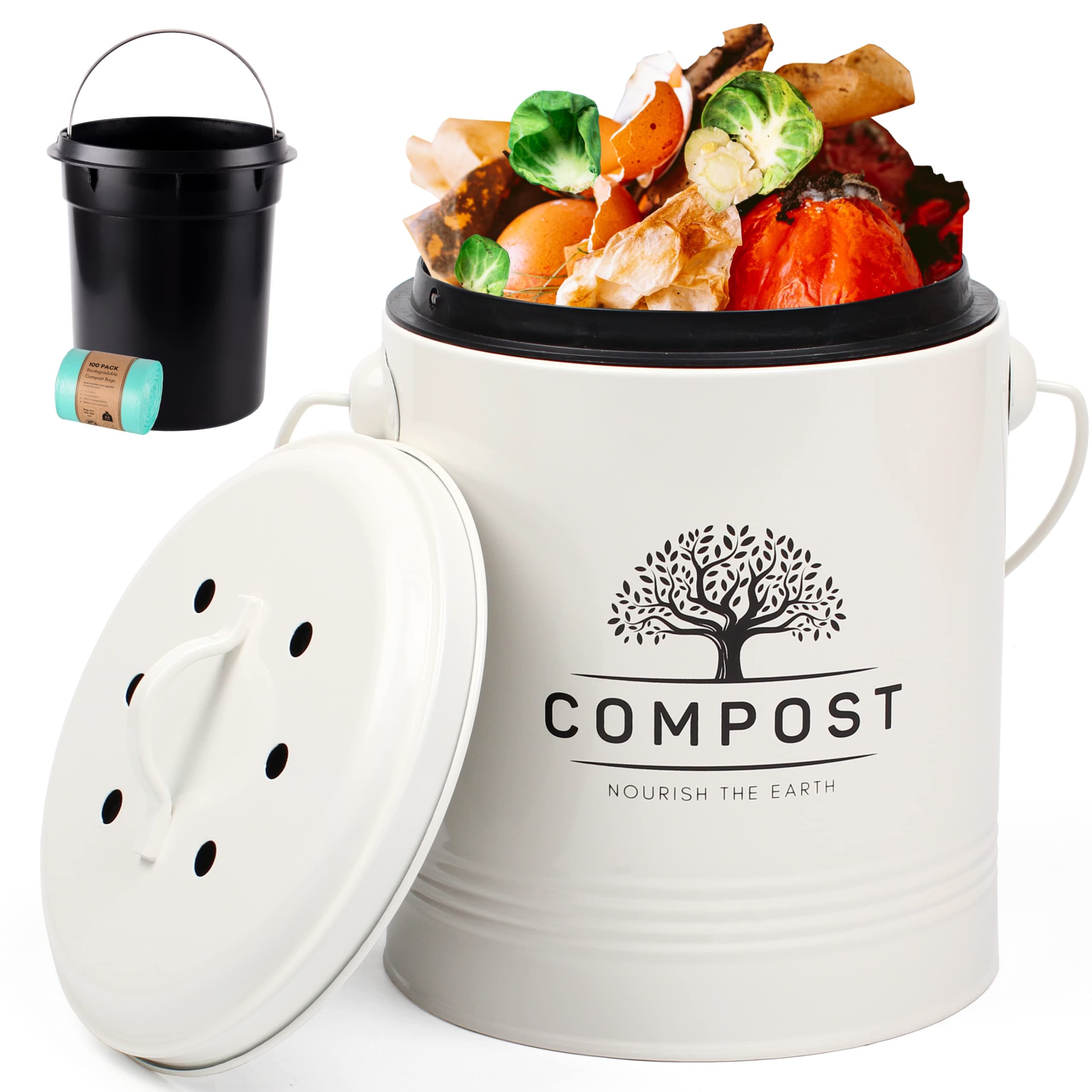 Kitchen Compost Bin, 1.3 Gallon Countertop Compost Bin with Lid, Indoor Compost Bucket Includes Inner Bucket Liner and Carbon Filter, Small Compost Bin with Trash Bags (with Bags, Cream)