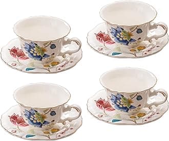 Jomop Ceramic Tea Cups Coffee Cup and Saucers Set of 4 (Blue and Red)