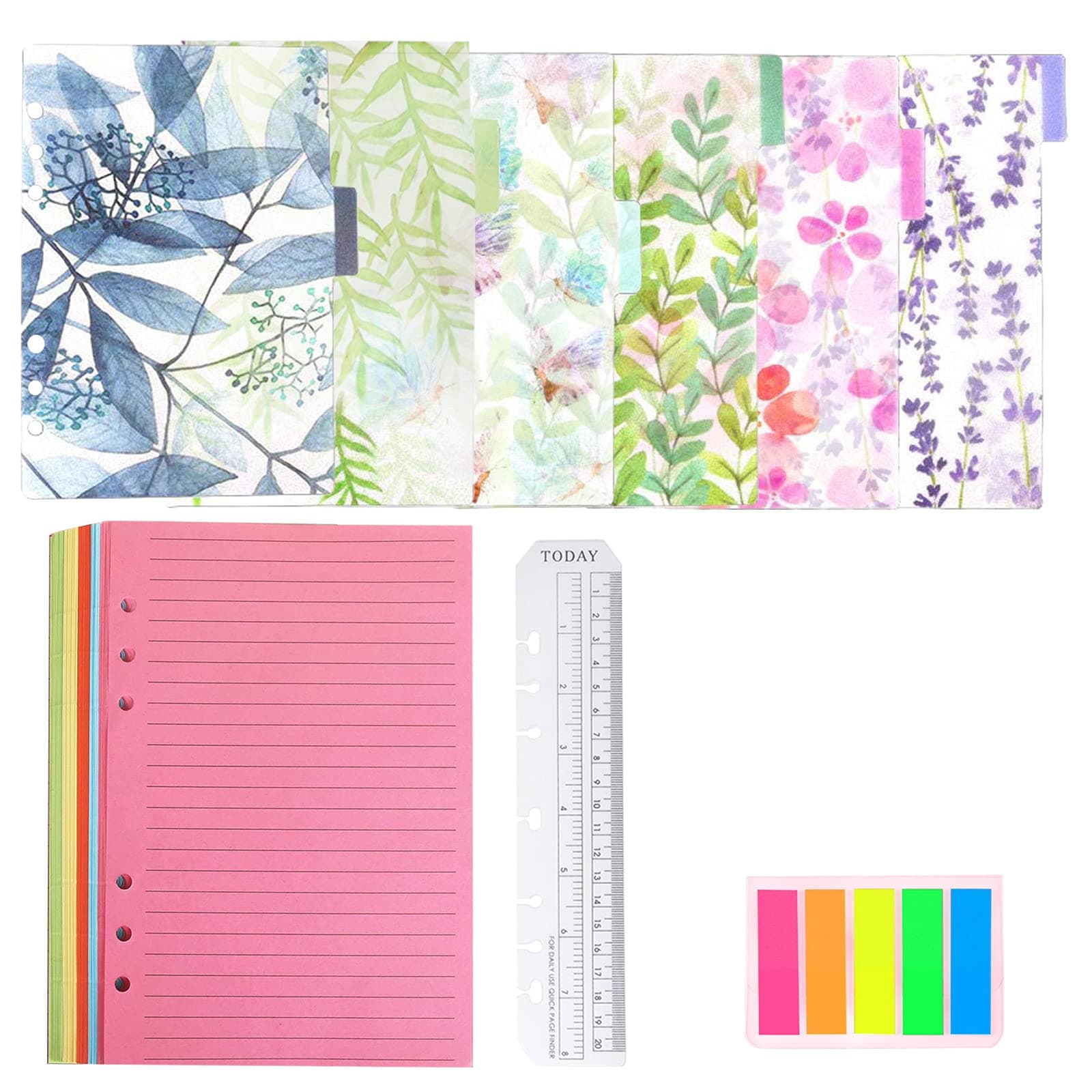 QincLingRefillable A5 Notebook Set School Supplies，1 Pack 50 Sheets 6 Holes Loose-Leaf Lined Refill Paper, 6 PCS PVC Binder Index Dividers Subject Dividers, Ruler And 125 Pcs Note Flags Index Tabs
