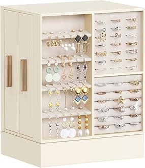 Lifewit Jewelry Box 360° Rotating, Jewelry Storage Case with Mirror, Jewelry Organizer for Women Girls, Accessories Holder with 6 Drawers for Ring Necklace Earring Watches, Great Gift, Creamy