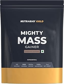 Nutrabay Gold Mighty Mass Gainer Powder - 1kg, Chocolate Supreme | 16.3g Protein, 78g Carbs, 389 Calories | 100% Veg | Vitamins & Minerals Rich Muscle Building Supplement for Men & Women