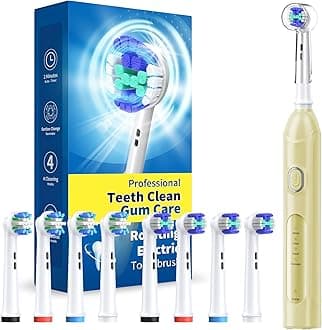 Rotating Electric Toothbrush for Adults with 8 Brush Heads (2 Types), 4 Modes Deep Clean Electric Toothbrush with Rechargeable Power and 2 Min Smart Timer, Fast Charge Yellow