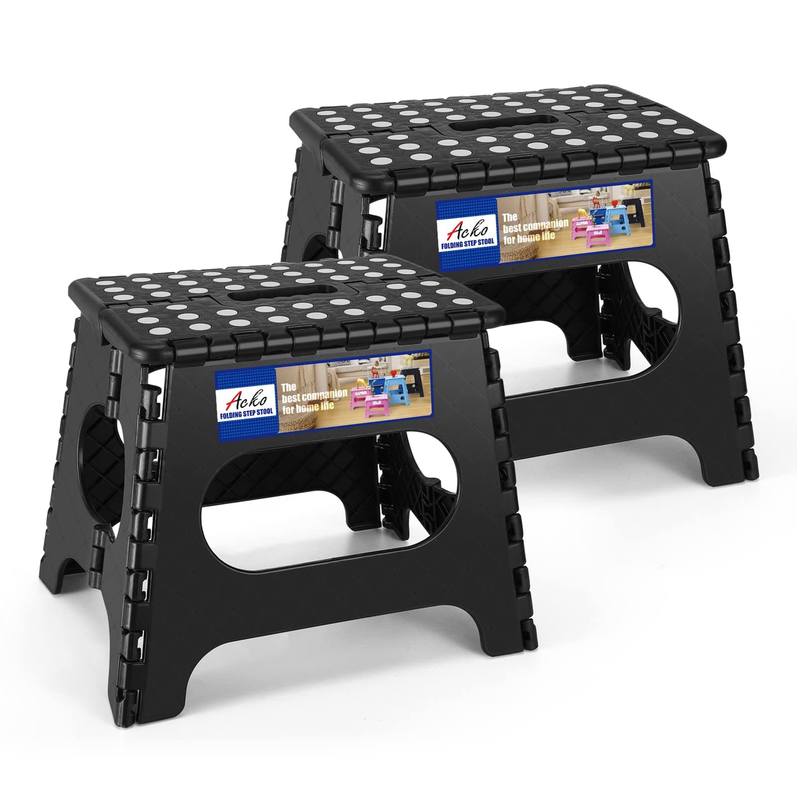 ACKO 11 inch Folding Step Stool Lightweight Plastic Step Stool - 2 Pack - Foldable Step Stools for Adults,Non Slip Folding Stools for Kitchen Bathroom Bedroom (Black, 2 Pack)