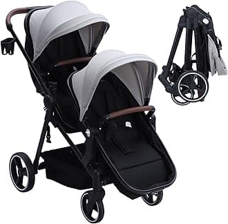 Double Stroller for Infants and Toddlers, Foldable Tandem Stroller, Reversible Pushchair Bassinet Pram with Large Storage Basket, Adjustable Backrest & Canopy, Light Grey