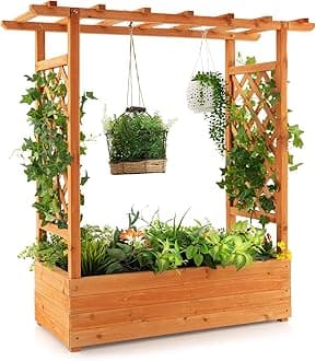 COSTWAY Garden Planter with Trellis, Hanging Roof and Drainage Holes, Weather-Resistant Wooden Raised Bed for Vine Climbing Plants, Outdoor Trough Container Grow Box Flower Pot (Orange, 110x44x113cm)