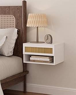 Floating Nightstand, Small Modern Floating Shelves with Drawer, White Rattan