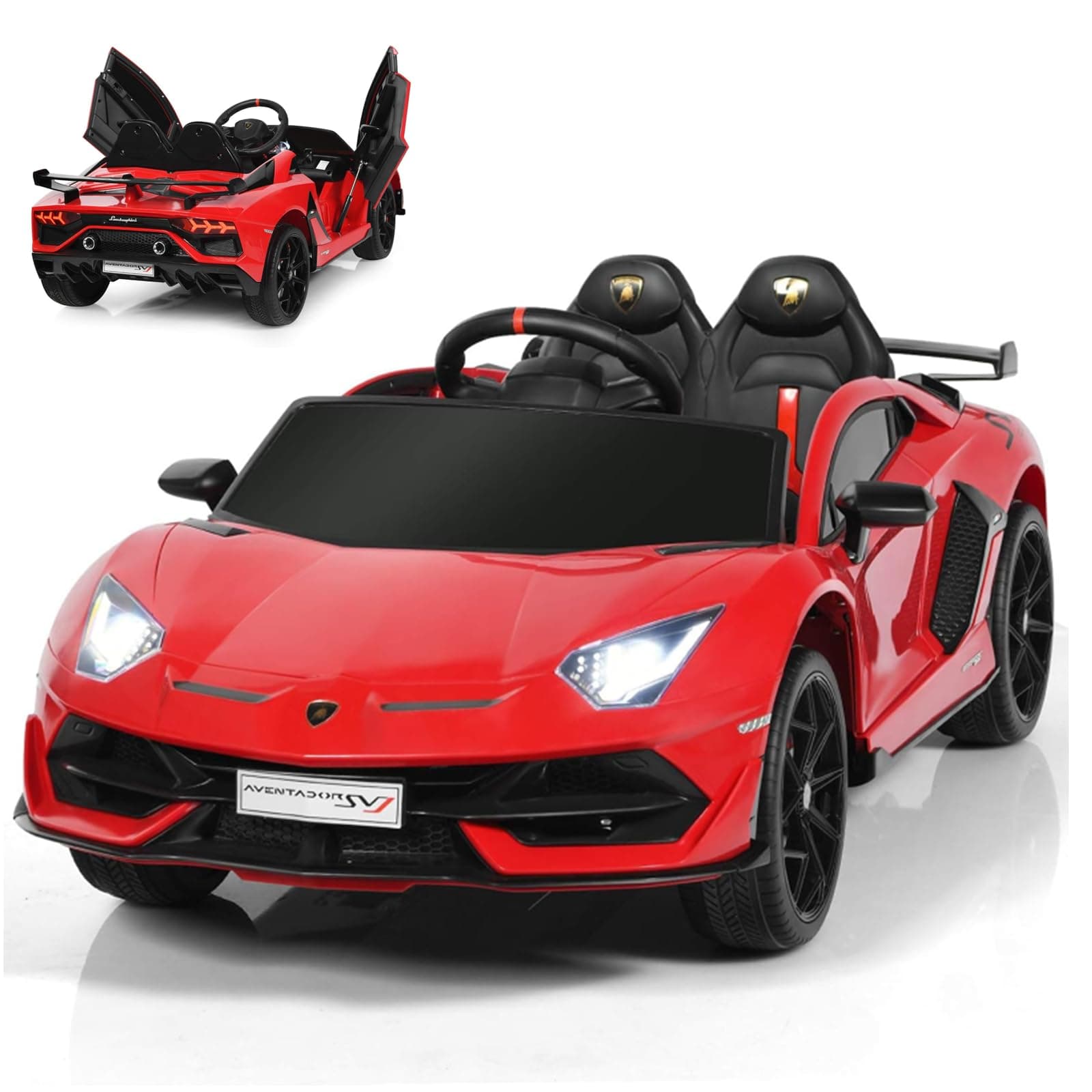 COSTWAY 12V Kids Electric Ride on Car with Remote Control, LED Lights, Horn, Music, Spring Suspension, Licensed Lamborghini Battery Powered Toy Vehicle for Boys and Girls (Red)