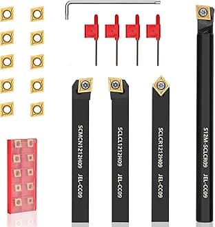 Indexable Lathe Turning Tool 1/2" 12mm Shank 14PCS Kit, 4PCS Metal Lathe Tools Holder 10PCS CCMT09T304 Carbide Insert for Turning Boring Grooving, SCMCN1212H09/SCLCL1212H09/SCLCR1212H09/S12M-SCLCR09