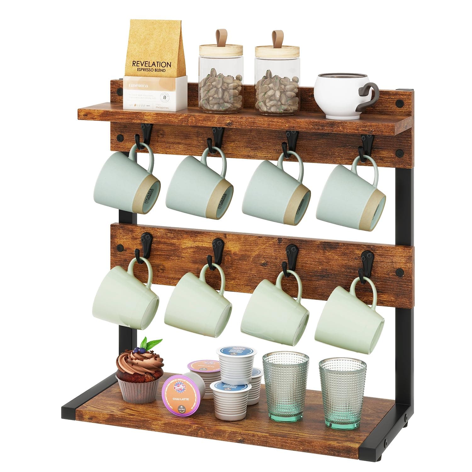 IBUYKE Rustic Coffee Mug Holder Stand, 2 Tier Countertop Mug Tree Holder Rack with Storage Base, Vintage Mug Holders for Kitchen, Holds 8 Mugs, Rustic Brown TBJ002H