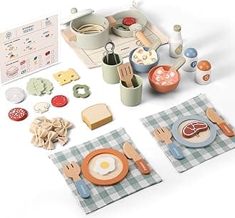 Pithfor Wooden Play Cooking Set, Pretend Play Kitchen Accessories Toys Set for Kids Toddlers, Including Play Dishes, Pot and Pan, Utensils, Gifts for 3 4 5 Years Old Girls Boys