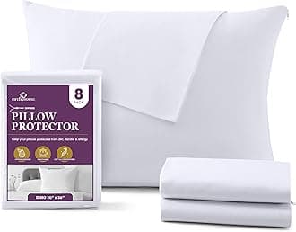 CIRCLESHOME Zippered Pillow Protectors 100% Cotton, Hypoallergenic Breathable & Quiet (8 Pack) White Pillow Covers Protects from Dirt, Dust Mites & Allergens (King - Set of 8-20x36)