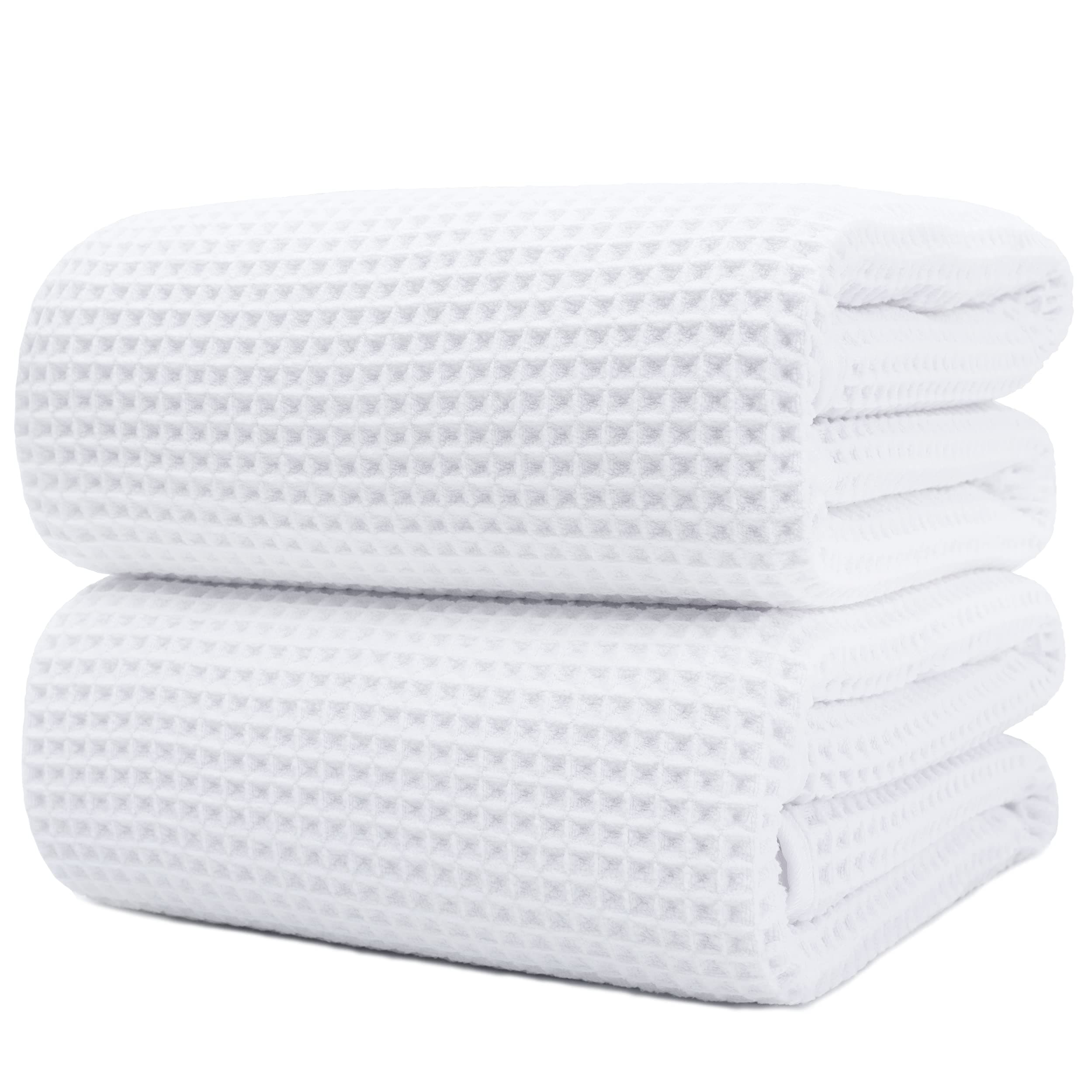 Microfiber Quick Dry Lint Free Bath Sheet, 70 x 35 in, Set of 2 (White, Waffle Weave)