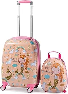 Kids Luggage, 12" Toddler Backpack & 18" Travel Suitcase with Wheels, Lightweight Toddler Girls Suitcase, Durable ABS Hardshell, 2Pcs Carry On Luggage Set for Boys Girls, Pink Mermaid