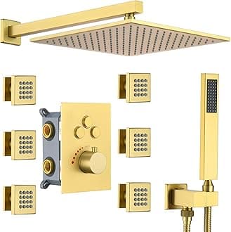 Luxury Thermostatic Rain Shower System with 6 Body Shower Jets & 12-Inch Shower Head, Brushed Gold Wall Mount Shower Faucet Set Complete with Push Button Thermostatic Valve & Shower Handheld