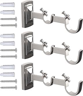 LHYMJRY Set of 3, Hardware Curtain Rod Brackets for 3/4" or 1" Rods, Brushed Nickel Wall Curtain Rod Hooks, Adjustable Double Bracket Curtain Rod Holder