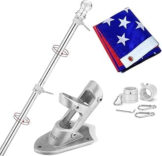 Yeesun Flag Pole for House with 3x5 American Flag, 6 FT Wall Mount Flag pole with Bracket for Home Porch,Outdoor deco.Residential or Commerical Tangle Free Flag Pole Kit (Silver)