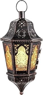 DECORKEY Ramadan Lantern Decorative Indoor & Outdoor, 13.6’’ Vintage Decorative Hanging Lanterns with Chian for Home Porch Patio Decor, Metal Christmas Moroccan Candle Holder Decorations (Amber)
