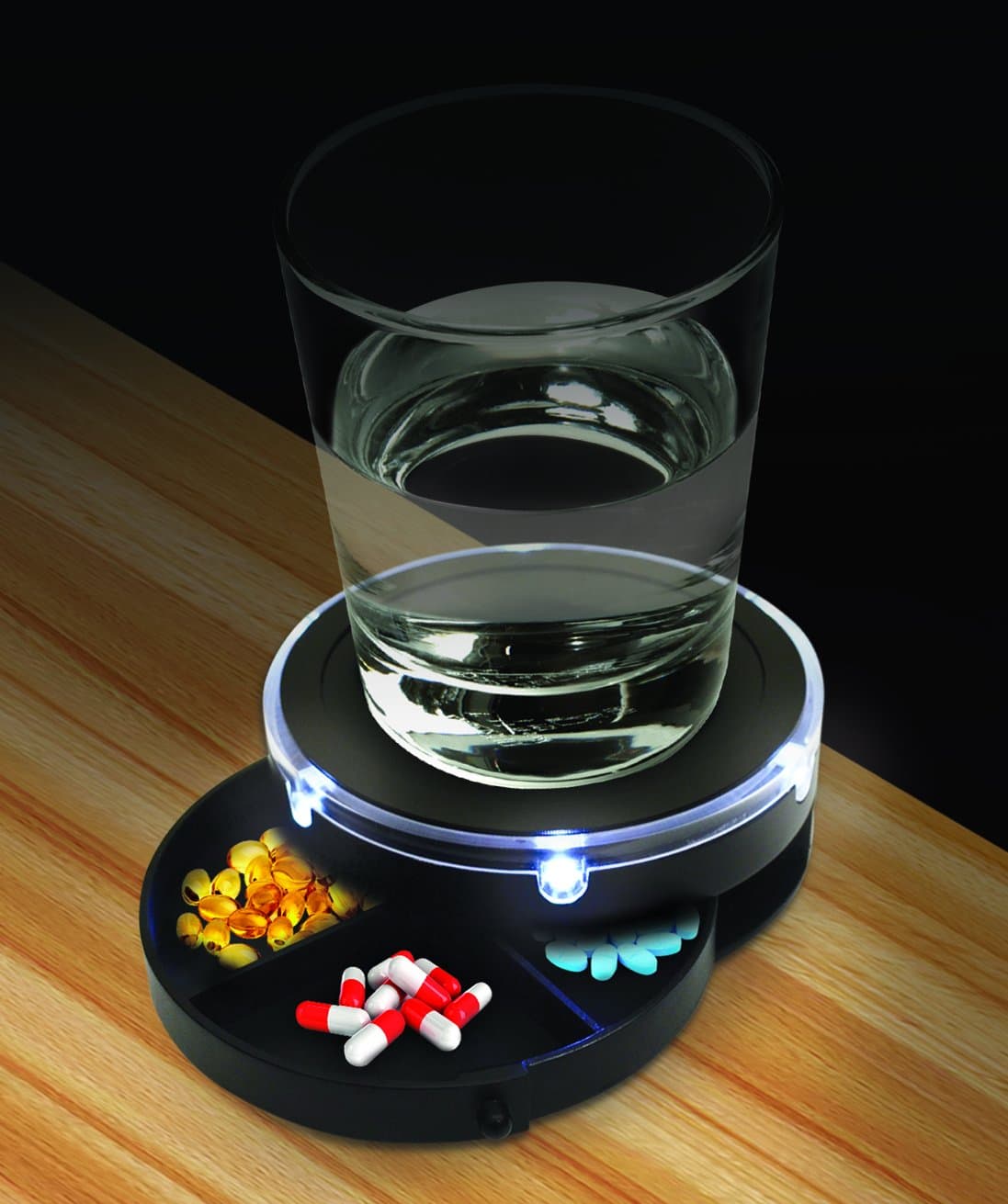Sound Activated LED LIGHTED NIGHTSTAND CADDY with Pill Container